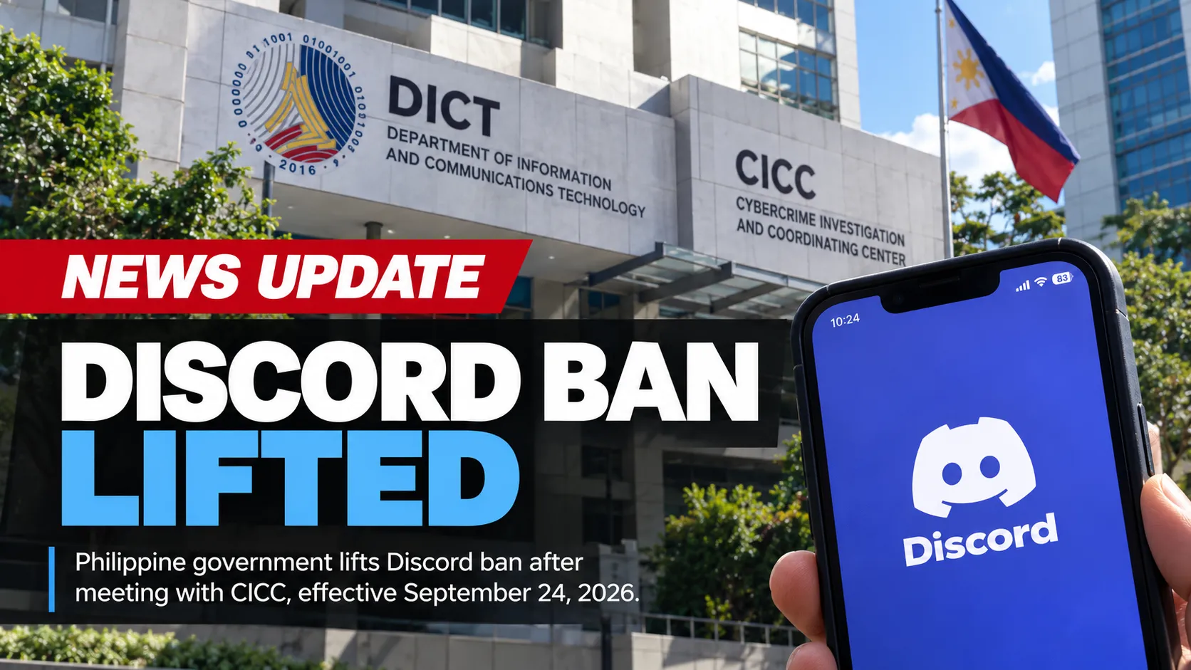 News update graphic stating that the Discord ban in the Philippines has been lifted after talks with the CICC.