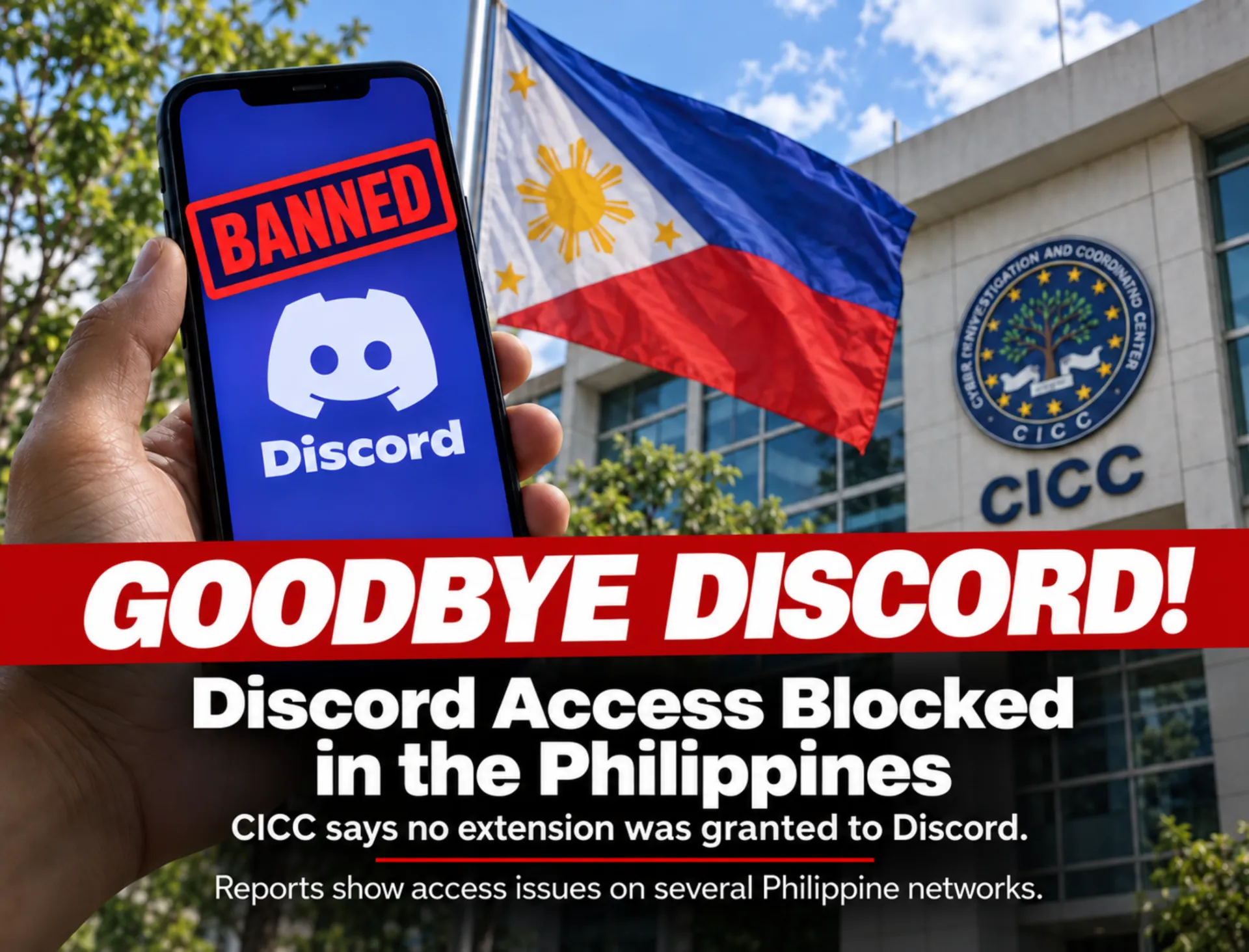 News feature graphic showing Discord on a phone with a banned stamp, the Philippine flag, and a CICC-themed background.