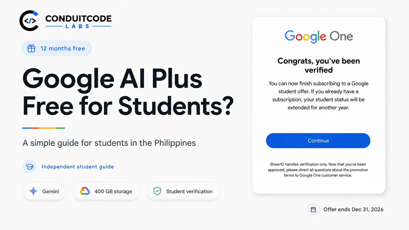 Google AI Plus student guide for the Philippines showing the 12-month student offer and Google One student verification confirmation.