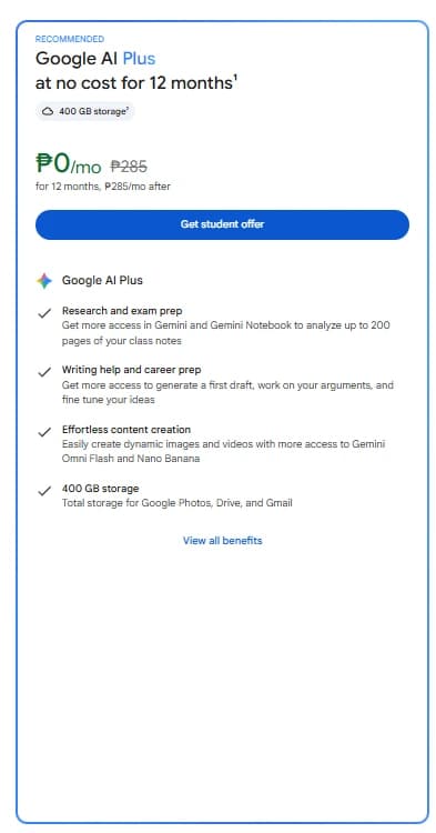 Google student offers page showing Google AI Plus at no cost for 12 months and the Get student offer button.