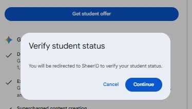 Google student offer page showing the Verify student status dialog and Continue button.