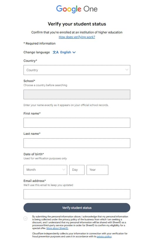 Google One student verification form with fields for country, school, name, date of birth, and email address.