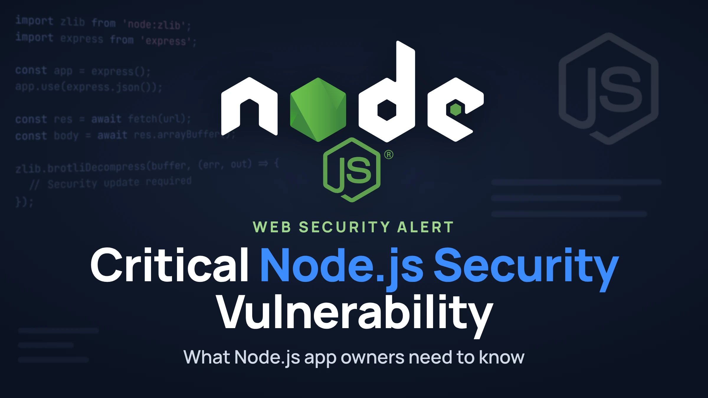 Node.js logo above the headline Critical Node.js Security Vulnerability, a web security alert for the Node2Shell flaw.