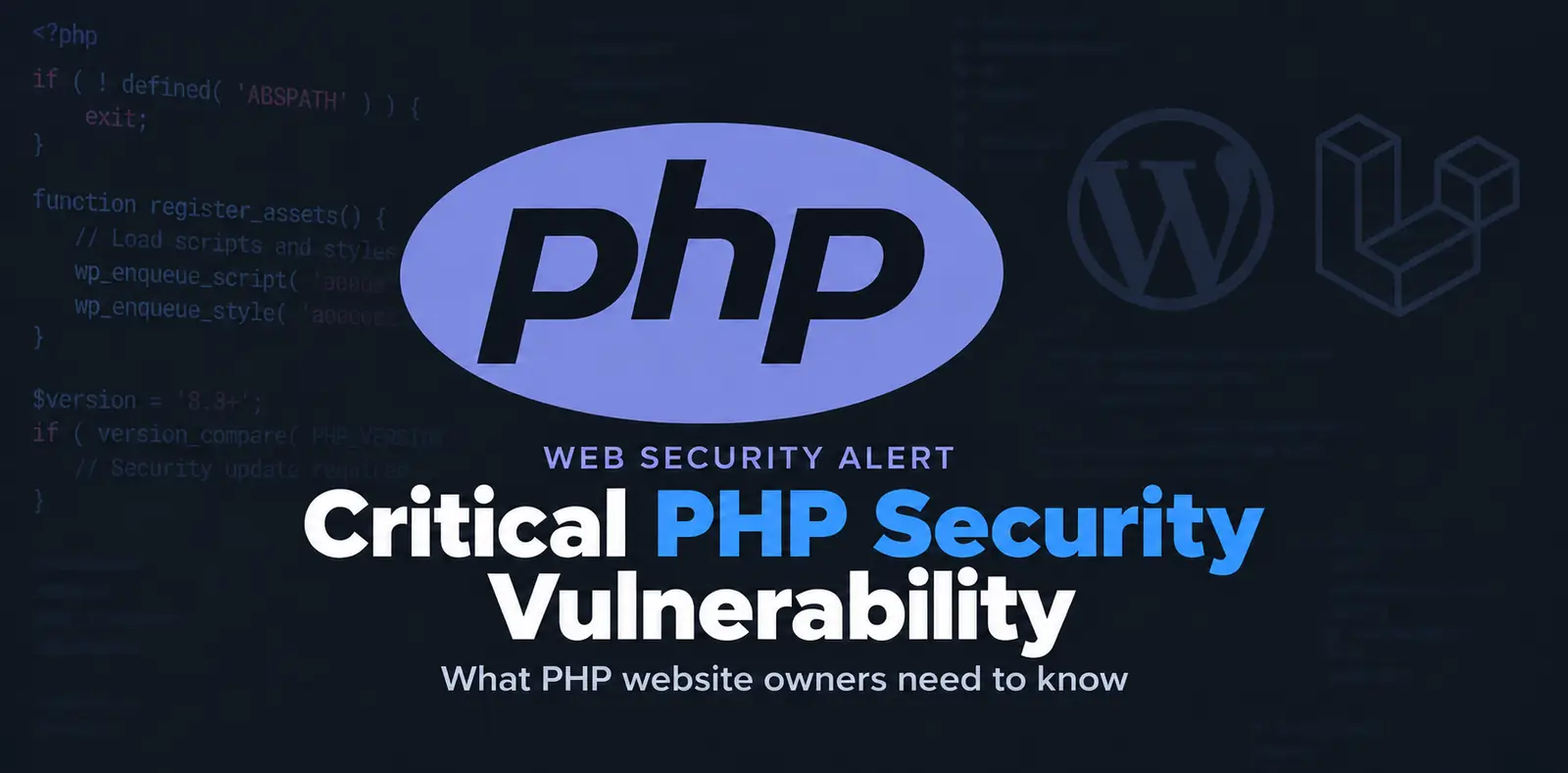 Critical PHP Security Vulnerability feature image with subtle WordPress and Laravel logos behind the PHP headline and the text What PHP website owners need to know.
