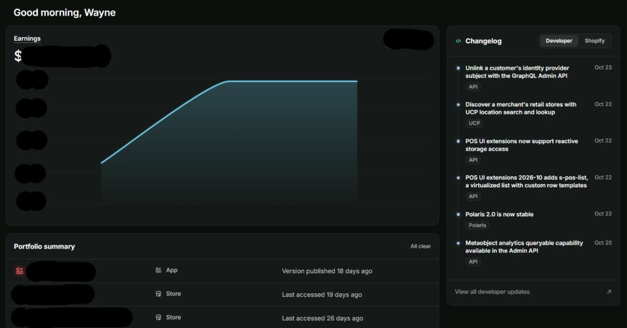Shopify Partner Dashboard showing an earnings chart, a published app and client stores, with figures and names hidden.