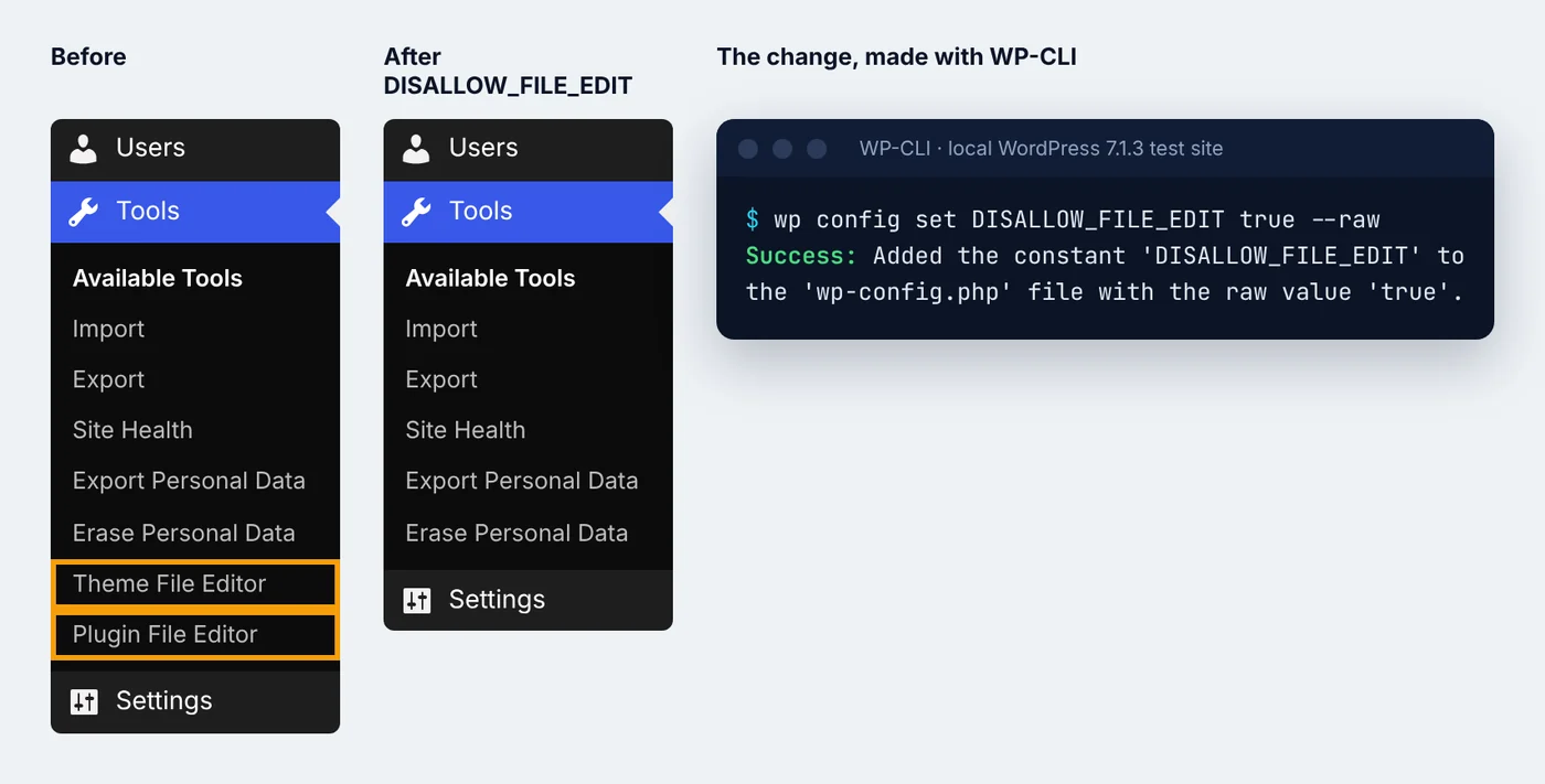 WordPress Tools menu on our local test site, before and after DISALLOW_FILE_EDIT is set, with the Theme File Editor and Plugin File Editor removed.