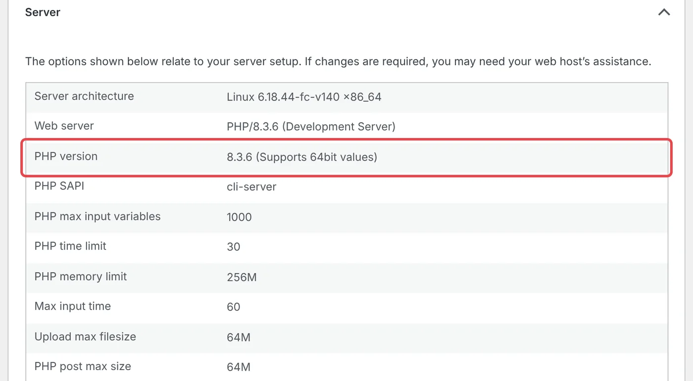 WordPress Site Health Info screen with the Server panel expanded and the PHP version row, showing 8.3.6, highlighted.