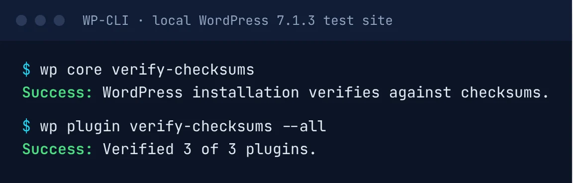 WP-CLI output showing WordPress core and plugin checksum verification passing on our local WordPress test site.