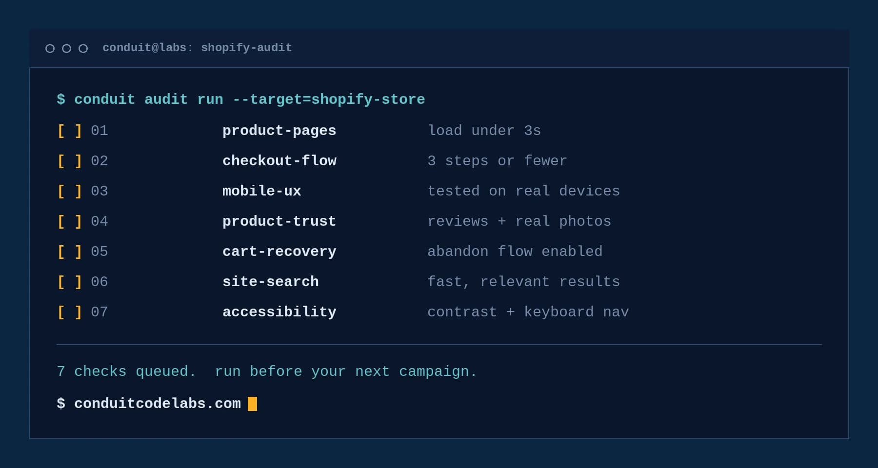 Shopify conversion audit checklist covering product pages, checkout, mobile UX, trust, cart recovery, search, and accessibility.